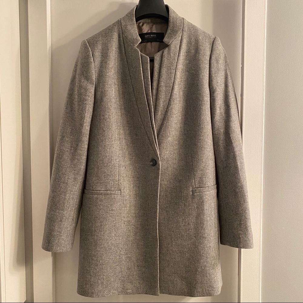 Zara Long Gray Wool Blazer Notched Lapel w Pockets